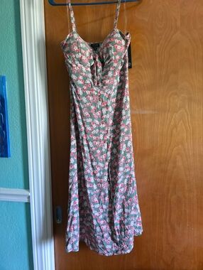As U Wish - Floral Tie-Front Spaghetti Strap Dress - Green/Pink